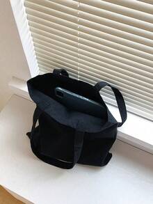 1pc Black Fashionable And Simple Canvas Tote Bag With Large Capacity And Cartoon Rabbit With Letter And Baseball Print Design - Black - View 6