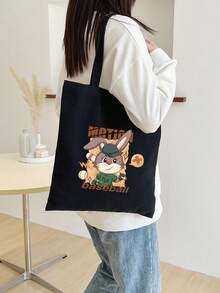 1pc Black Fashionable And Simple Canvas Tote Bag With Large Capacity And Cartoon Rabbit With Letter And Baseball Print Design - Black - View 4