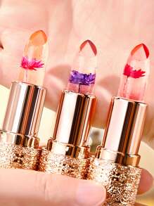 Bálsamo labial hidratante que cambia de color con flor en tubo dorado redondo, aspecto natural y tono de piel iluminado, cuidado de labios, color 01 - 01 - Ver 4