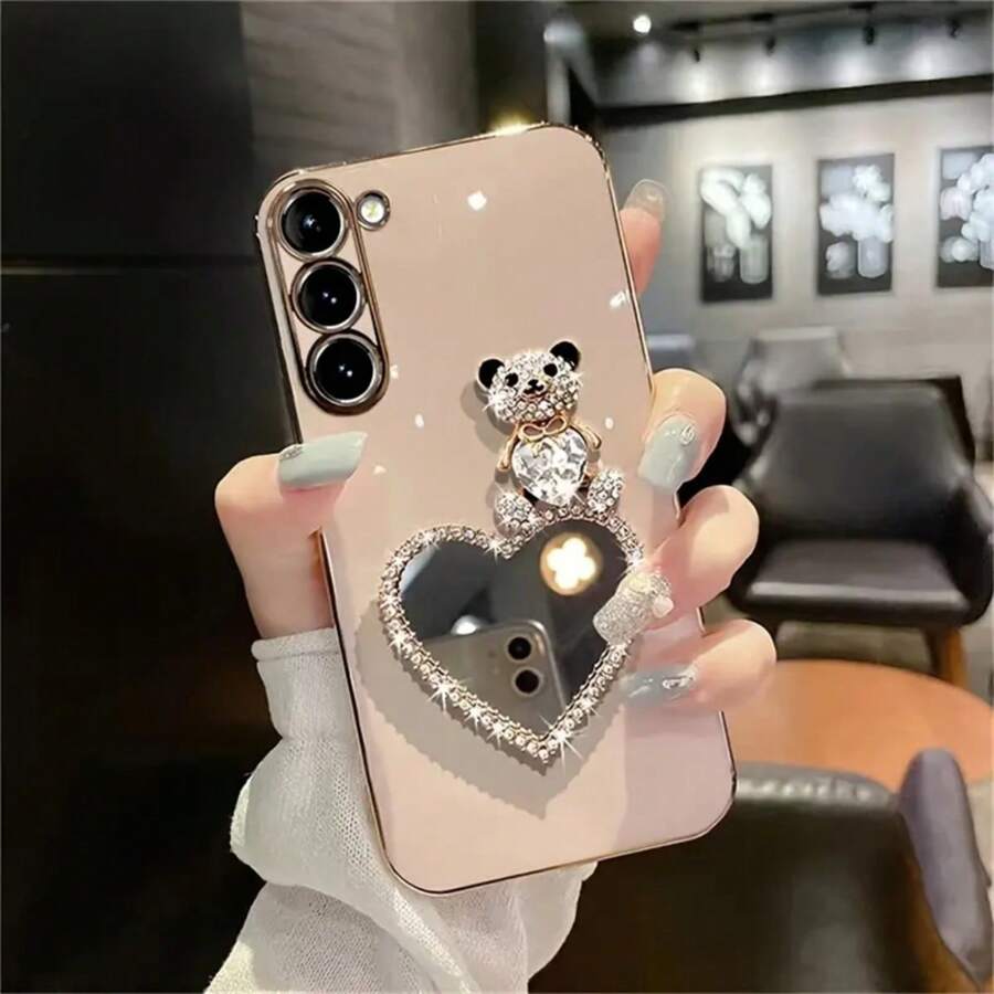 Cute 3D Bear Heart Mirror Plated Phone Case For IPhone15Promax SamsungS23 Ultra S23 Plus Silicone Soft Shell,International Version, Not The Domestic Version