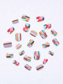 Y2K 24 chiếc móng tay vuông tuyệt đẹp có sọc nhiều màu & hình ô vuông với lớp hoàn thiện mờ, bao gồm gel thạch & dũa móng tay - Nhiều màu - Xem 4