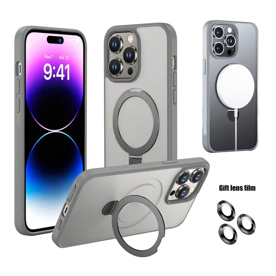 Hadaasi 1个灰色软触感磨砂磁性旋转支架，带合金镜头膜，PC+硅胶TPU二合一，带隐藏式可旋转磁性金属折叠指环支架，超薄防震半透明磨砂防指纹气囊手机壳，兼容苹果17e/17Pro/17ProMax/17Air/17/16Pro/16ProMax/16Plus/16/15Pro/15ProMax/15Plus/15/14Pro/14ProMax/14Plus/14/13Pro/13ProMax/12Pro/12ProMax/12/11ProMax/11/11Pro