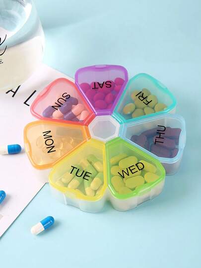 1pc Weekly 7-Compartment Petal Pill Box Sub-Packaging Box, 7-Day Flower-Shaped Sub-Compartment Capsule Pill Box Portable Carry-On 7-Compartment Small Pill Box Medicine Sub-Packaging Box, Portable Button 7-Day Pill Storage Box Iridescent Color Portable Pill Box Sorting Storage Box Plastic Box 7-Compartment Petal Box, Large-Capacity Fish Oil/Pill Storage