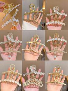 2 Cái/bộ Nữ Tinh Tế Và Đơn Giản Ngọc Trai Và Kim Cương Giả Trang Trí Kích Thước Lớn Kim Loại Vuốt Tóc Kẹp Tiaras - Vàng - Xem 1