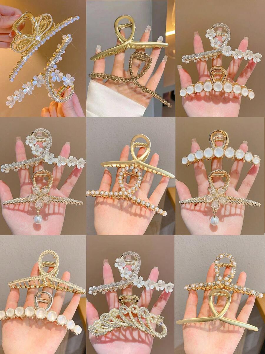 2 Cái/bộ Nữ Tinh Tế Và Đơn Giản Ngọc Trai Và Kim Cương Giả Trang Trí Kích Thước Lớn Kim Loại Vuốt Tóc Kẹp Tiaras - Vàng - Xem 1