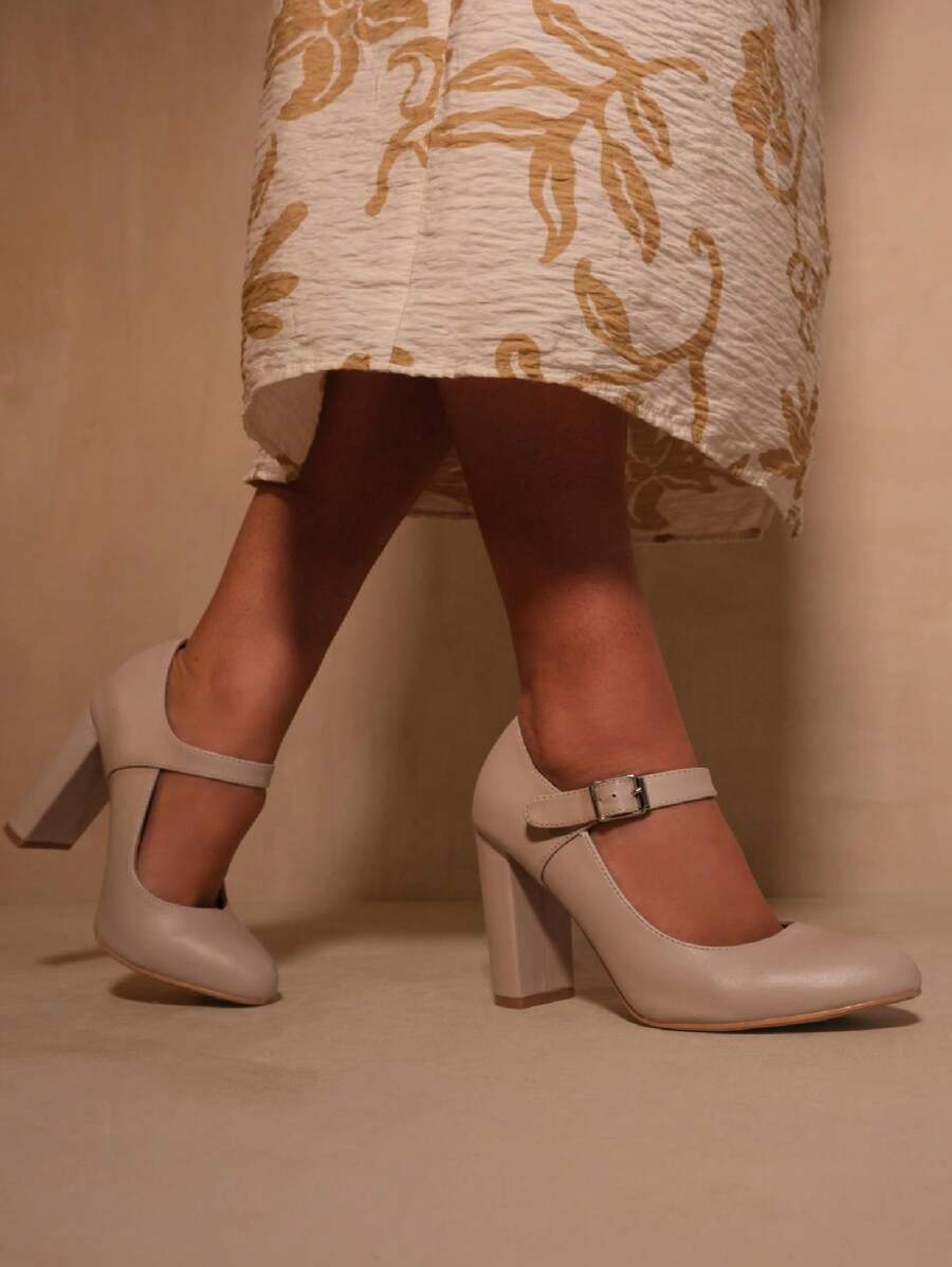 Where’s That From Michelle Block High Heel Pump With Front Buckle Strap In Faux Leather - Nude PU - View 1