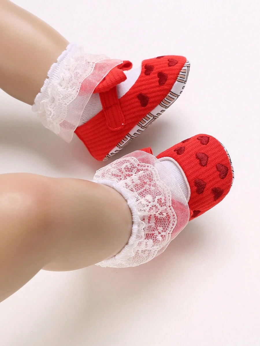 Newborn Infant Girl Shoes, Bow & Heart Design Anti-Slip Soft Bottom Prewalker Shoes, Suitable For All Seasons - Red - View 1