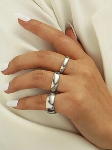 Set de 3 anillos de acero inoxidable lisos y sencillos de color plata, anillos para mujer adecuados para uso diario o como regalo - Plateado - Ver 3