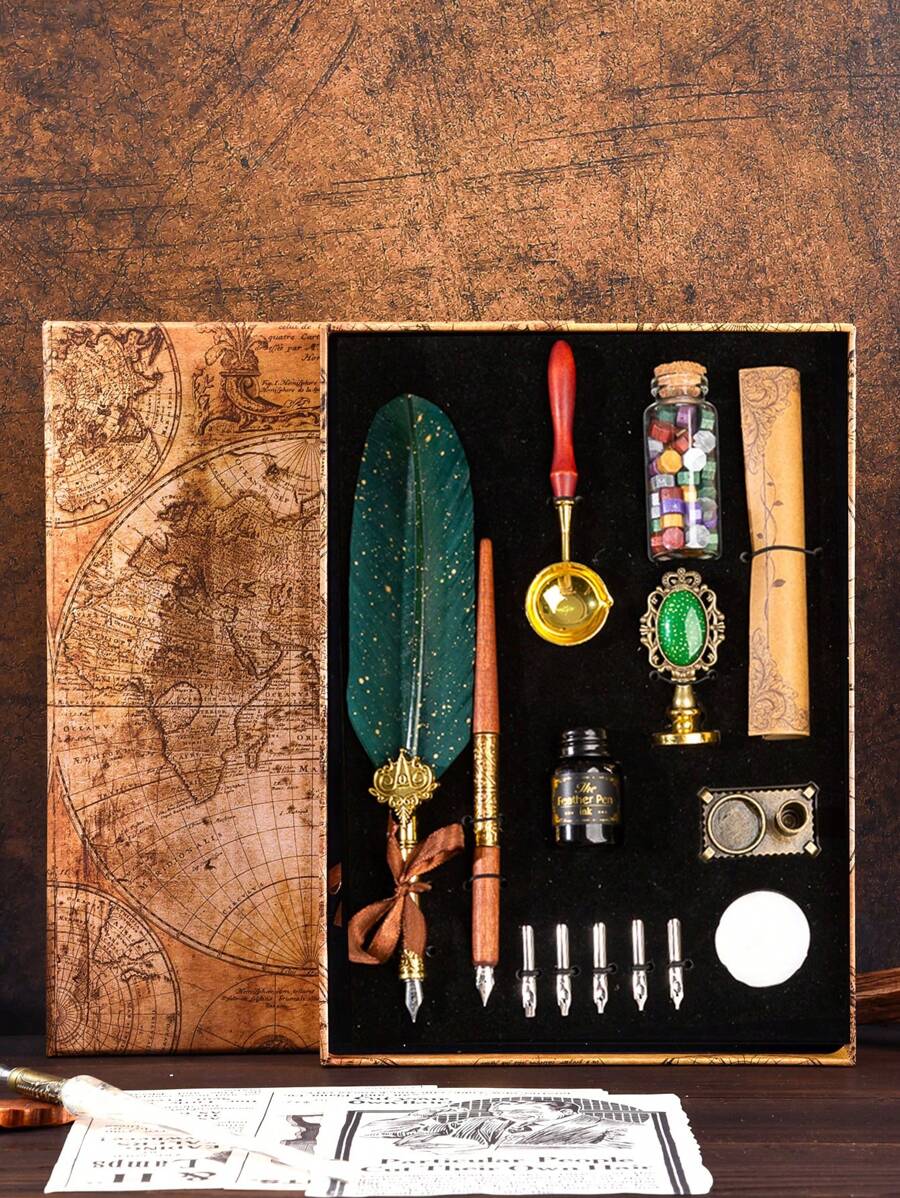 Vàng Cổ điển Lông vũ Bút nhúng Bộ Với Đúng mốt Tay cầm bằng gỗ Bút , Retro Giường đôi tiêu chuẩn Bút Bộ Như Quà sinh nhật Đối với Bạn gái ( Phong cách ) - xanh quân đội - Xem 1