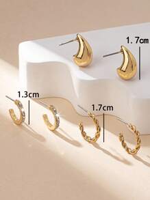 3 Pairs European And American Popular Exquisite And Simple Asymmetric Geometric Design Gold-Plated Metal Spiral Teardrop-Shaped Small C-Shaped Earrings With Inlaid Rhinestones Decoration, Suitable For Women To Wear On Daily And Festival Occasions, At Work, As Gifts, Or As Jewelry Accessories - Multiple Sets Of Earrings - View 4