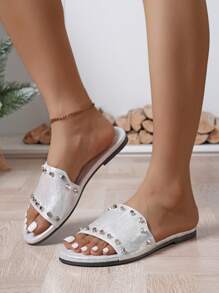 Sandalias planas transpirables, absorbentes de sudor, cómodas con decoración de remaches, zapatos de moda trendy para mujer - Plateado - Ver 3