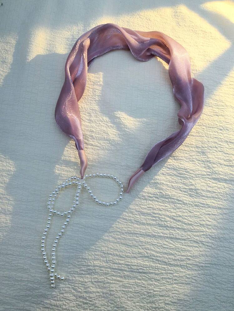 女士粉色超仙女法式復古寬邊髮帶，珍珠流蘇和網紗，高端感頭飾適用於女性在線名人 - 粉色 - 查看 1