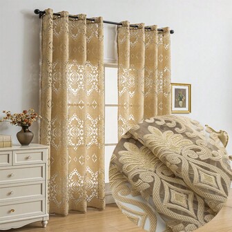 1pc European Style Premium Lightweight Golden Jacquard Cutout Sheer Window Curtain