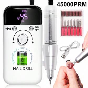 LIMEGIRL 45,000RPM Rechargeable Professional Nail Drill, Portable Electric Nail Grinder, Acrylic Gel Grinding Tool With 6 Drill Bits And Sanding Bands, For Manicure, Pedicure, Carving And Polishing
