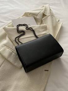 1 件简约时尚凹痕钻石形方形包锁扣翻盖开口金属链条单肩包适合女性日常休闲使用 - 黑色 - 查看 5