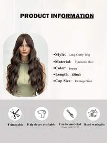 Tóc giả xoăn dài tự nhiên Tóc mái - màu nâu - Xem 7