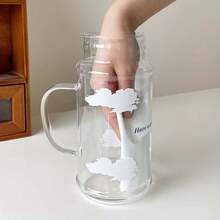 1入組，1000毫升卡通玻璃杯與金屬吸管，大容量耐熱可重複使用的水杯，適用於家居果汁飲料奶茶杯