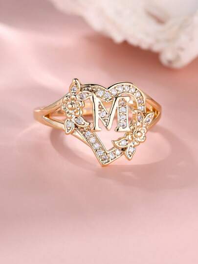 Tsnamer 1枚精美立方氧化锆金色字母心形戒指，26个字母A-Z可定制姓名花朵图案，可调节开口手镯式戒指，适合女性和女孩日常佩戴，生日珠宝礼物