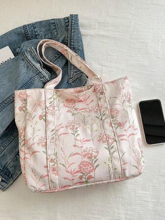 Flowers And Plants Women's Fashion Floral Print Large Capacity Tote Bag, Sewing Craft Shoulder Bag, Fabric Handbag, Suitable For Teenage Girls, Female College Students, Novices And White-Collar Workers, Suitable For Office, University, Work, Business, Commuting, Outdoor, Travel, Outing, Tote Bags For School, Exquisite Floral Bag For Women