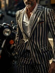 Business Striped Lapel Single Button Flap Pocket Blazer - Black - View 1