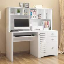 QQD 59 Inch Large Computer Desk With 2-Tier Bookshelf Keyboard Tray Home Office Desk Computer Desk With Hutch Study Workstation Writing Table For Home, Office