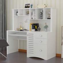 QQD 59 Inch Large Computer Desk With 2-Tier Bookshelf Keyboard Tray Home Office Desk Computer Desk With Hutch Study Workstation Writing Table For Home, Office
