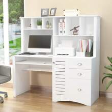 QQD 59 Inch Large Computer Desk With 2-Tier Bookshelf Keyboard Tray Home Office Desk Computer Desk With Hutch Study Workstation Writing Table For Home, Office