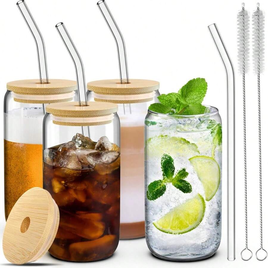 Vasos para bebidas con tapas de bambú y pajita de vidrio, tazas con forma de lata para cerveza y café helado, linda taza para bebidas, ideal para soda, té de boba y cócteles - 16 onzas - Ver 1