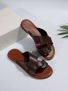 Ladies Flat Sandals, Casual Flip Flops, Simple And Fashionable Open Toe Slippers - Brown - View 2