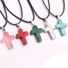 1 Stück natürlicher Stein Rosenquarz Kreuz-Anhänger Halskette Healing Energy Schmuck für Frauen Mädchen, glückliches und liebevolles Geschenk