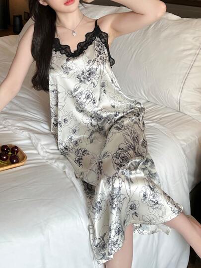 Lace Spliced Floral Printed Sexy Cami Sleep Dress