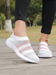 Women Outdoor Striped Knitted Socks Shoes, Breathable Low-Cut Slip-On Shoes For Walking, Running And Sports Perfect With Hoodie