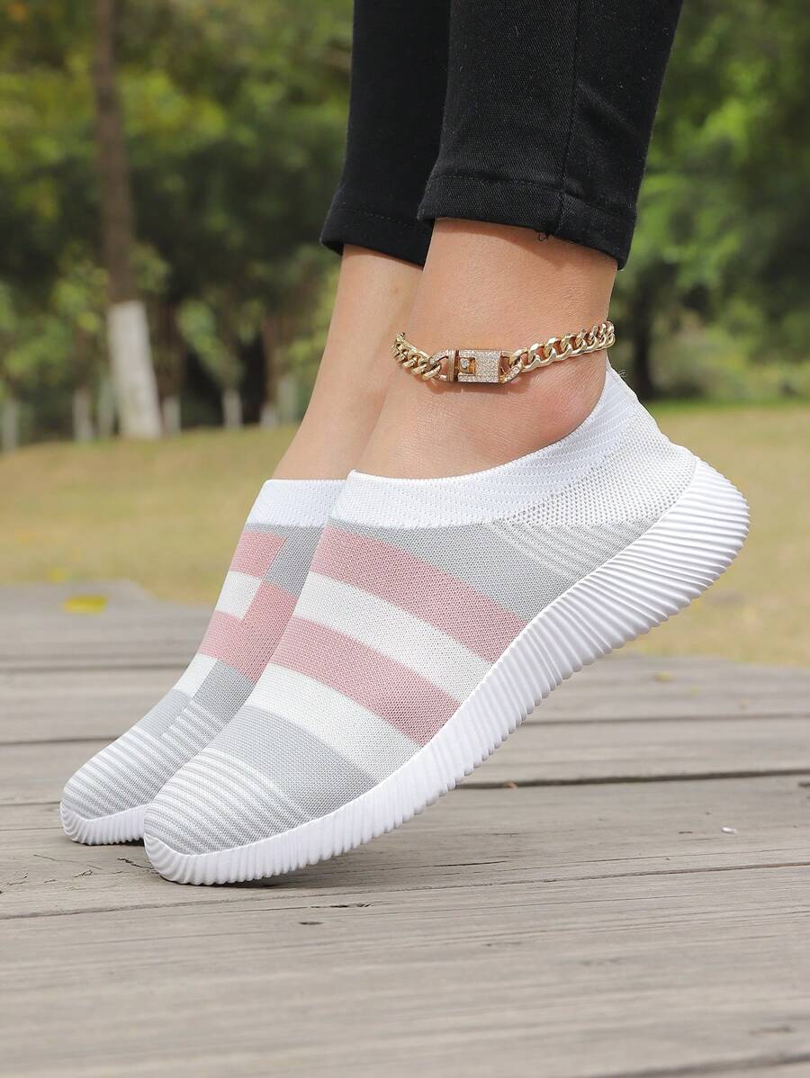 Women Outdoor Striped Knitted Socks Shoes, Breathable Low-Cut Slip-On Shoes For Walking, Running And Sports Perfect With Hoodie