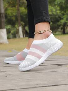 Women Outdoor Striped Knitted Socks Shoes, Breathable Low-Cut Slip-On Shoes For Walking, Running And Sports Perfect With Hoodie