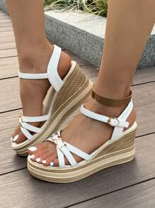 女士厚底坡跟凉鞋，夏季新款时尚金属交叉露趾一脚蹬休闲户外派对舒适轻便高跟纯白色系带沙滩凉鞋，尺码偏小 2 个 - 白色 - 查看 4