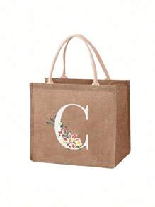 1 pieza Bolso de lona con estampado de letra de girasol y margarita, bolso de compras/bolso/bolso de la compra de moda de lino para mujeres, bolso portátil para maestros, bolso de compras/almuerzo ideal, gran regalo para mujeres, madres, maestros, amigos, damas de honor, amantes, estudiantes, adecuado para citas, cumpleaños, vacaciones, vuelta al colegio, vacaciones, playa, viajes, negocios, estudiantes, picnics, campamentos, supermercado, uso diario - Caqui - Ver 8