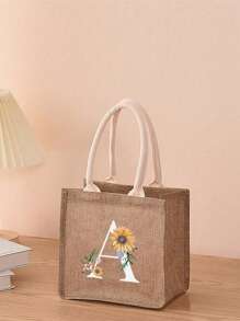 1 pieza Bolso de lona con estampado de letra de girasol y margarita, bolso de compras/bolso/bolso de la compra de moda de lino para mujeres, bolso portátil para maestros, bolso de compras/almuerzo ideal, gran regalo para mujeres, madres, maestros, amigos, damas de honor, amantes, estudiantes, adecuado para citas, cumpleaños, vacaciones, vuelta al colegio, vacaciones, playa, viajes, negocios, estudiantes, picnics, campamentos, supermercado, uso diario - Caqui - Ver 3