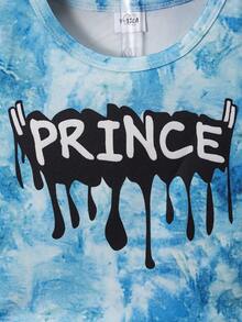 男孩時尚卡通字母短袖T恤和復古水洗牛仔短褲套裝，2件/套 - 中等水洗藍 - 查看 5