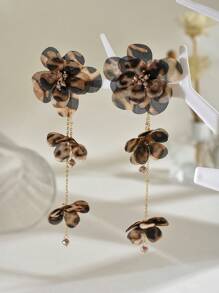 1pair Fashionable Exaggerated Leopard Print Cloth Flower Long Earrings Suitable For Daily Wear - Brown - View 2