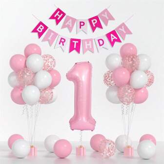 35 pièces Décorations pour le premier anniversaire pour fille, set de ballons roses pour le premier anniversaire avec ballons blancs à confettis roses, ballon rose de 40 pouces avec le chiffre 1 et une banderole "JOYEUX ANNIVERSAIRE" pour la décoration du premier anniversaire de bébé fille princesse, Noël