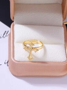 1pc Original  Faith Cross-Shaped Ring With Metal Inlay And Rhinestone Opening Design