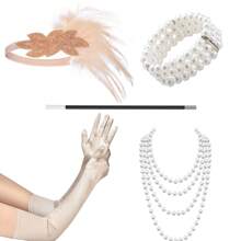 5入組20年代頭飾套裝，羽毛頭帶手套珍珠項鍊香煙支長耳環配件，適用於派對服裝表演復古打扮 - 黑色 - 查看 5