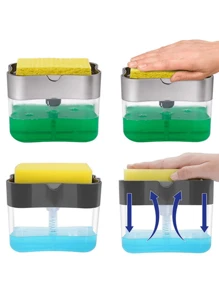Dispensador de jabón para platos de cocina 1 pieza y soporte para esponja de 5 piezas - Dispensador de jabón 2 en 1 para fregadero, dispensador de jabón de plástico, recarga instantánea, duradero, con esponja