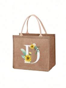 1 pieza Bolso de lona con estampado de letra de girasol y margarita, bolso de compras/bolso/bolso de la compra de moda de lino para mujeres, bolso portátil para maestros, bolso de compras/almuerzo ideal, gran regalo para mujeres, madres, maestros, amigos, damas de honor, amantes, estudiantes, adecuado para citas, cumpleaños, vacaciones, vuelta al colegio, vacaciones, playa, viajes, negocios, estudiantes, picnics, campamentos, supermercado, uso diario - Caqui - Ver 28