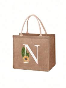 1 pieza Bolso de lona con estampado de letra de girasol y margarita, bolso de compras/bolso/bolso de la compra de moda de lino para mujeres, bolso portátil para maestros, bolso de compras/almuerzo ideal, gran regalo para mujeres, madres, maestros, amigos, damas de honor, amantes, estudiantes, adecuado para citas, cumpleaños, vacaciones, vuelta al colegio, vacaciones, playa, viajes, negocios, estudiantes, picnics, campamentos, supermercado, uso diario - Caqui - Ver 13