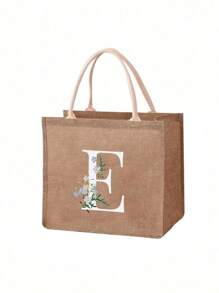 1 pieza Bolso de lona con estampado de letra de girasol y margarita, bolso de compras/bolso/bolso de la compra de moda de lino para mujeres, bolso portátil para maestros, bolso de compras/almuerzo ideal, gran regalo para mujeres, madres, maestros, amigos, damas de honor, amantes, estudiantes, adecuado para citas, cumpleaños, vacaciones, vuelta al colegio, vacaciones, playa, viajes, negocios, estudiantes, picnics, campamentos, supermercado, uso diario - Caqui - Ver 33