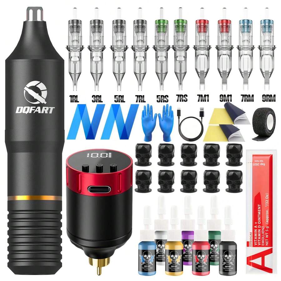 DQFART One Set Wireless Tattoo Machine Kit With 10pcs Tattoo Needles, Cartridges, 1300mAh Tattoo Power Supply, 7 Colors Tattoo Ink, Suitable For Beginners Tattoo Kit - Black - View 1