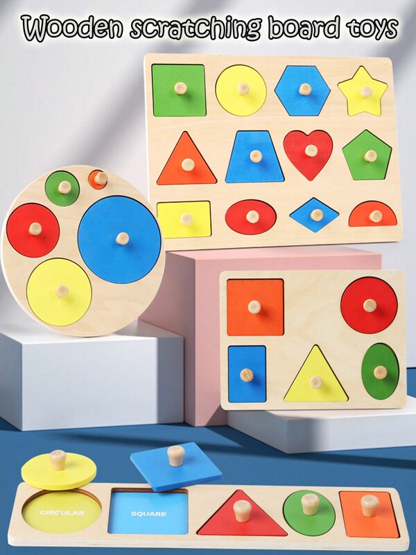 1pc Montessori Early Education Children's Wooden Panels Geometric Figures Color Matching Children's Early Education Panel Hand Scratching Board Toys