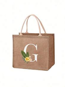 1 pieza Bolso de lona con estampado de letra de girasol y margarita, bolso de compras/bolso/bolso de la compra de moda de lino para mujeres, bolso portátil para maestros, bolso de compras/almuerzo ideal, gran regalo para mujeres, madres, maestros, amigos, damas de honor, amantes, estudiantes, adecuado para citas, cumpleaños, vacaciones, vuelta al colegio, vacaciones, playa, viajes, negocios, estudiantes, picnics, campamentos, supermercado, uso diario - Caqui - Ver 32