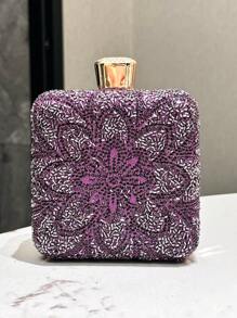 1pc Purple Two-Sided Rhinestone Embellished Fashion Square Box Clutch Bag, Suitable For Formal Events, Weddings, Parties, Perfect Accessory For Evening Dresses, With Detachable Metal Chain Strap